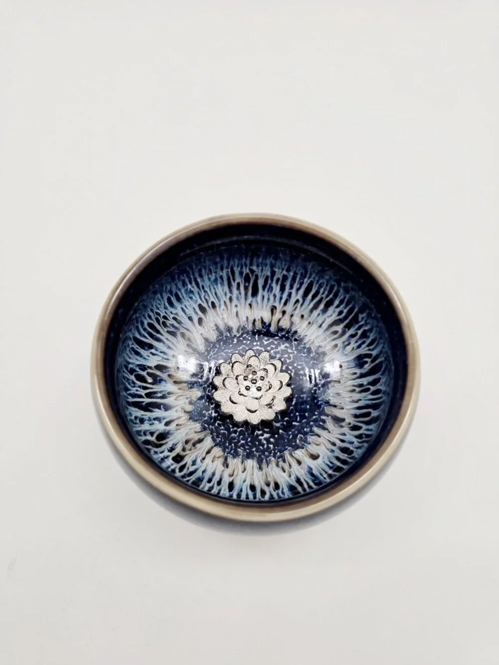 Set of 5 Jianzhan-Style Ceramic Tea Cups with Silver Lotus